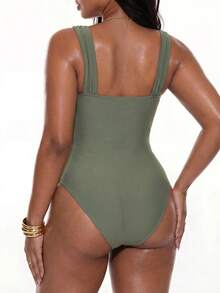 Swim Chiccia 2026 New Summer Beach Vacation Casual Solid Color Women's Ruched Shoulder Strap Minimalist One-Piece Swimsuit, Festival Bohemian Style One-Piece Swimsuit, Conservative One-Piece Swimsuit Plus Size One-Piece Swimsuit - Army Green - View 2