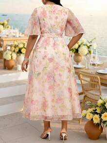 Fleurora Vestido casual de manga corta con cuello redondo y estampado floral para mujer talla grande, atuendo de verano para festival, elegante para invitada de boda y noche, rosa floral - Multicolor - Ver 2