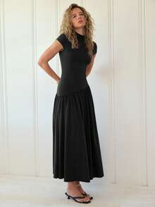 Freevana 95 Cotton Women's Solid Color Stand Collar Puff Sleeve Pleated Long Casual Elegant Dress, Summer Black Dress Date Holiday Everyday Everyday Night - Black - View 1