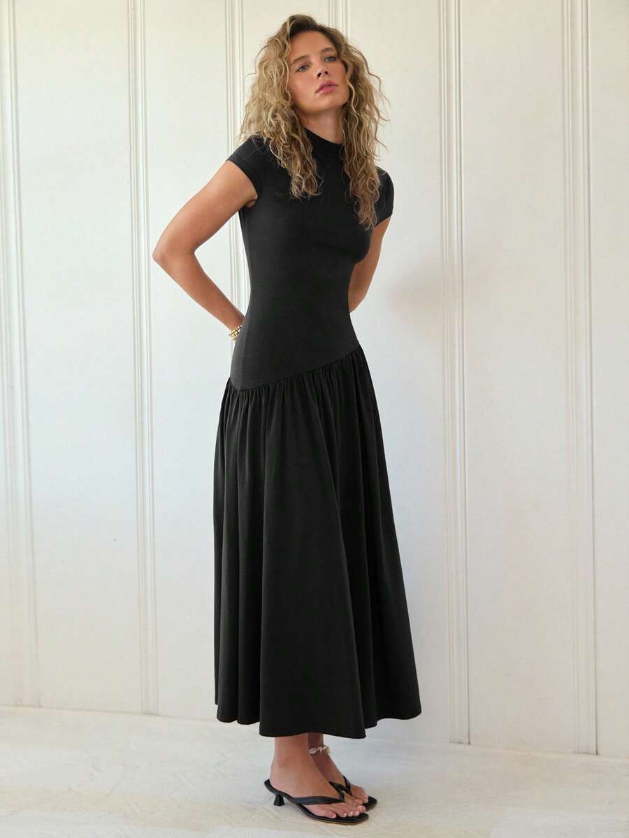 Freevana 95 Cotton Women's Solid Color Stand Collar Puff Sleeve Pleated Long Casual Elegant Dress, Summer Black Dress Date Holiday Everyday Everyday Night - Black - View 1