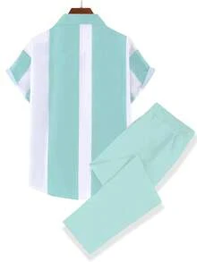 Manfinity Homme 2pcs Men's Colorblock Short Sleeve Shirt & Pants Set , Ceremony - Teal Blue - View 2