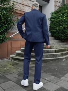 Artur Kramer 男士纯色口袋商务休闲长袖西装外套和裤子套装男士休闲西服男士休闲西装男士休闲西装男士西装加裤子男士西装正装 - 藏蓝色 - 查看 3