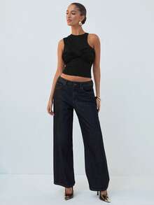 Hauture Women's Sexy Casual Solid Color One Shoulder Ruched Front Twist Top - Black - View 5