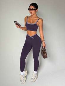 SHEIN Sports 無縫高彈性女款健身休閒日常運動收腰提臀套裝 - 紫色 - 查看 2