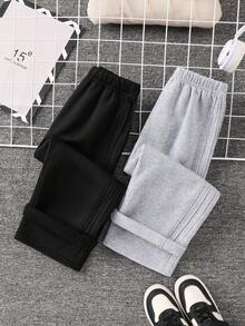 SHEIN 2件組兒童青少年男童灰色&黑色春/秋/冬寬鬆寬腿褲，對比腰繩設計，百搭韓日風，適合上學、居家、外出、時尚穿搭 - 彩色 - 查看 4