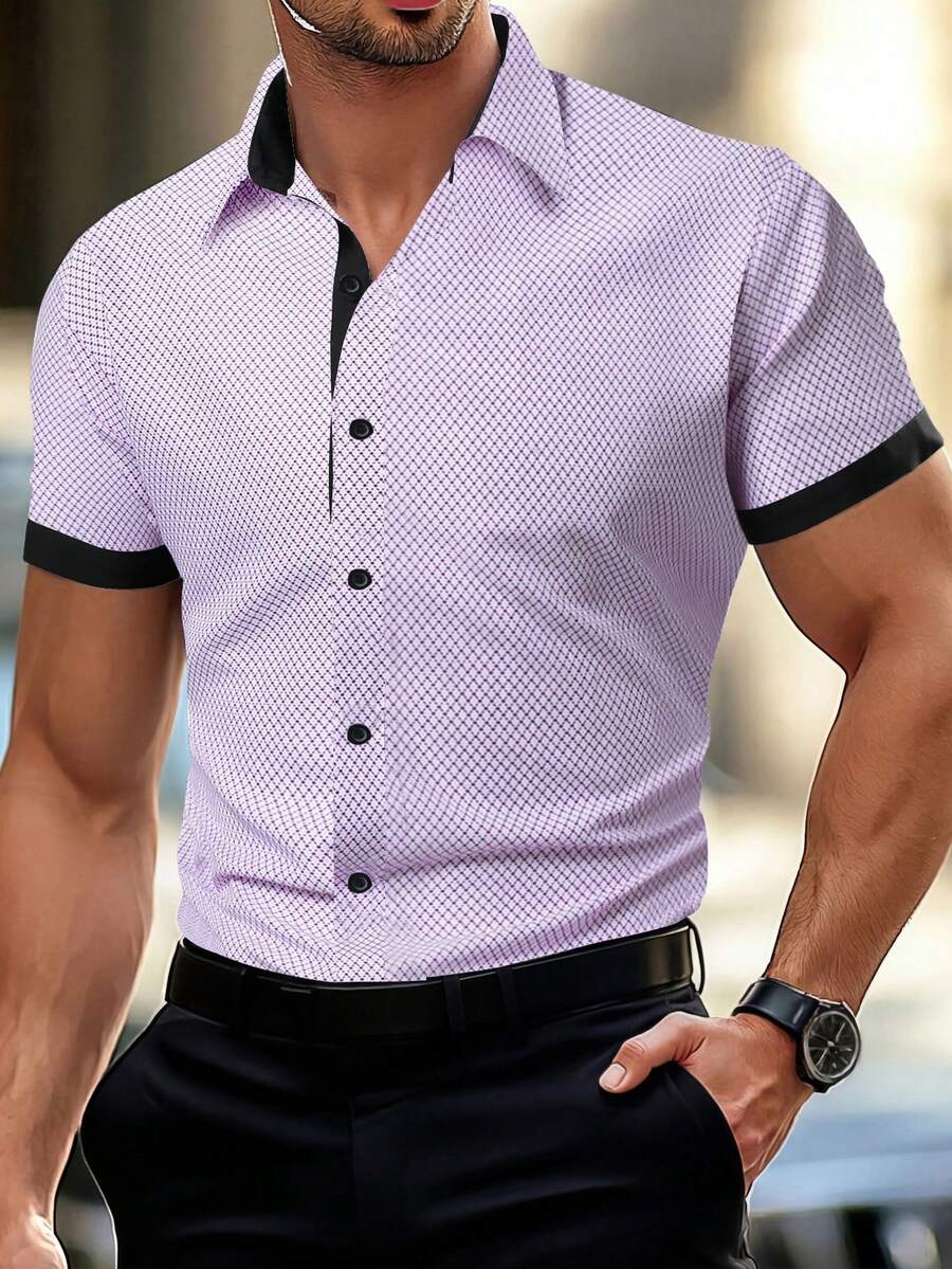 Manfinity Mode Men's Business Plaid Short Sleeve Single-Breasted Commuter Shirt - White - View 1