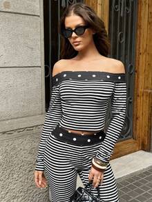 MainGRL Conjunto de 2 piezas de punto a rayas en blanco y negro para mujer - Multicolor - Ver 5