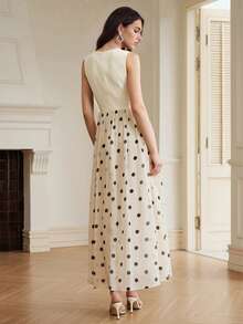 Anewsta Women's Elegant Boat Neck Sleeveless Polka Dot Print Patchwork Long Dress, Casual Wedding Beach Tea Party Garden, Vintage Spring/Summer, French Style - Apricot - View 3