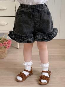 Hapijoa Wood Frill Trim Design Washed Distressed Short Denim Shorts For Young Girls Summer - Dark Grey - View 7