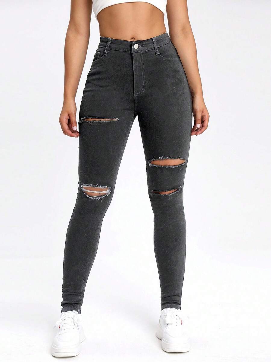 SHEIN EZwear 黑色斜口袋破洞緊身牛仔褲 - 淺灰色 - 查看 1