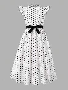 SHEIN Girls' Print Patterned Flutter Sleeve Waist-Defining Dress - White - View 3