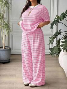 SHEIN EZwear 大尺碼女款條紋圓領短袖T恤與長褲休閒兩件套 - 淺粉色 - 查看 4