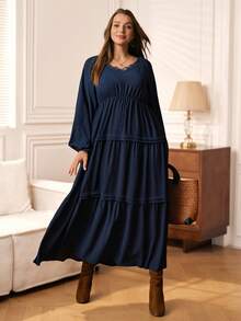 Rosumi Gaun Lengan Panjang Berenda dengan Hiasan Rumbai Warna Polos Ukuran Besar, Pakaian Musim Dingin untuk Wanita, Pakaian Musim Gugur untuk Wanita, Gaun Panjang Kasual - Navy Blue - View 1