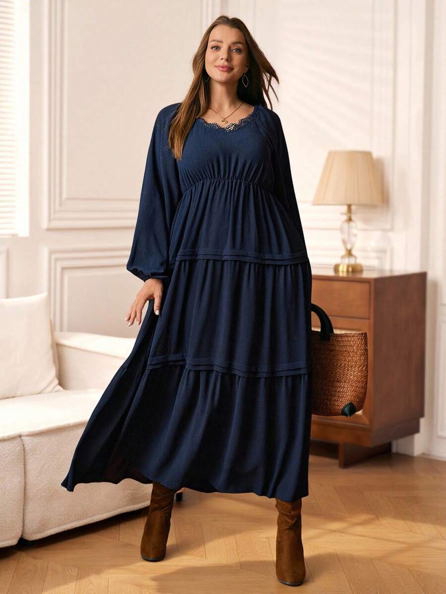 Rosumi Gaun Lengan Panjang Berenda dengan Hiasan Rumbai Warna Polos Ukuran Besar, Pakaian Musim Dingin untuk Wanita, Pakaian Musim Gugur untuk Wanita, Gaun Panjang Kasual - Navy Blue - View 1