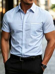 Manfinity Bizformal Kemeja Pria Lengan Pendek Warna Biru Muda Kasual/Kantor, Saku Patchwork, Serbaguna untuk Musim Panas, Formal - Baby Blue - View 5