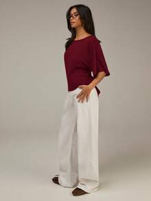 Athîral Women's Solid Color Short Sleeve Back Knot Casual Top - Burgundy - View 3