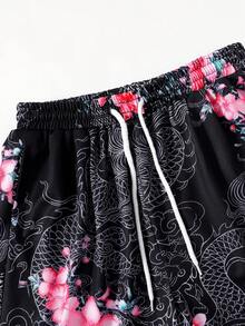ROMWE MEN Street Life 春夏季街頭風龍圖案與花卉印花 Polo 衫短褲套裝 - 彩色 - 查看 5