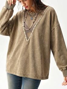 Bohemela Women's Casual Solid Color Knit Crew Neck Long Sleeve Loose Washed Sweatshirt - Brown - View 10