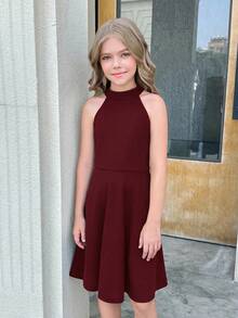 SHEIN Vestido casual de línea A sin mangas con cuello alto y cintura ceñida para niñas preadolescentes - Burdeos - Ver 5