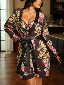 Seduluxe 3pcs/Set Blus Jala Seksi Bermotif Ukuran Standar Wanita + Celana Dalam + Jubah - MultiWarna - View 4