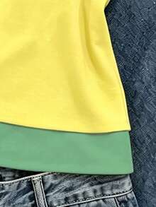 Spring Summer Autumn Tween Girls' Creative Personalized Brazil Five-Pointed Star Yellow Green Striped Yellow Base Side Double Green Strip Letter Slogan Pattern Casual Style 2 In 1 Off-Shoulder Camisole Short Sleeve T-Shirt Tops - Multicolor - View 5
