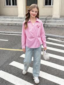青少年女孩寬鬆休閒極簡舒適日常休閒學院風優雅修身梭織條紋領開襟不對稱下擺抽褶襯衫上衣返校穿搭 - 粉色 - 查看 6