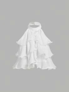 SHEIN MOD أبيض، صيفي، أنيق، ملابس علوية قصيرة متعددة الطبقات مع كشكشة لضيوف الزفاف، ملابس علوية أنبوبية بدون ظهر للحفلات للنساء، ملابس علوية مكشوفة الكتفين بتصميم بسيط عتيق - أبيض - مشاهدة 1