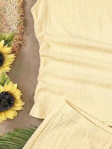 SHEIN 青少年女孩度假米色針織泡泡紋理面料不對稱領袖綁結腰部抓皺上衣與低腰迷你短褲2件套 派對城市街頭公路旅行度假夏季套裝海灘海濱休閒 - 杏色 - 查看 3