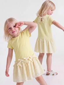 Maija Kids Maija Kids 1件兒童少女休閒舒適百搭圓領蝴蝶結裝飾休閒黃色短袖拼接洋裝，適合日常穿著、返校、旅行、派對、節日派對、春季、夏季 - 黃色 - 查看 7