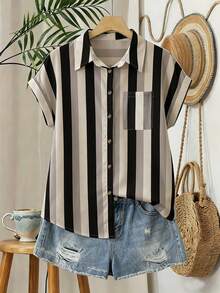 EMERY ROSE Plus Size Contrast Color Vertical Striped Collar Rolled Hem Short Sleeve Shirt - Multicolor - View 4