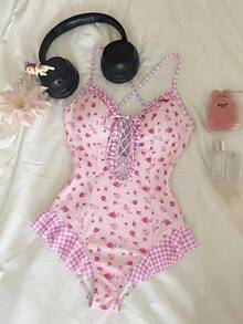 SHEIN MOD Maillot de bain une pièce imprimé à lacets dos nu pour femmes - Rose bonbon - Voir 2