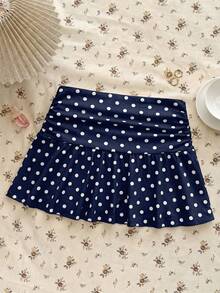 Teen Girls White Knit Casual Home Versatile Hollow Texture Ruched A-Line Low-Waist Mini Skirt, Suitable For Summer - Navy Blue - View 2