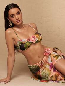 Silquee Summer Beach Floral Decor Double Strap Women Sexy Bikini Sheer Cover-Up 3pcs Set Beach Outfits Bathing Suits - Multicolor - View 7