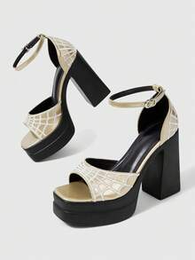Sugerpunk 女款厚底高跟涼鞋，前後蜘蛛網裝飾可調節腳踝扣帶哥德風涼鞋，性感夜店派對經典女鞋夏季鞋 - 金色 - 查看 3