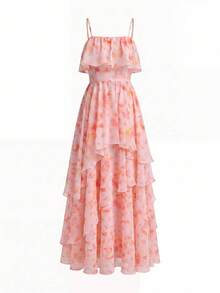Willow Rêve Women's Pink Bohemian Dreamy Ruffle Layered Dress, Boho Style, Vacation Style - Multicolor - View 7
