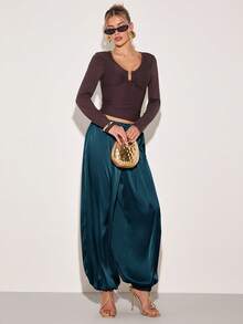 COSMINA Pantalones largos holgados de pierna ancha con diseño de cordón en la cintura y puños para mujer, unicolor - Verde - Ver 6