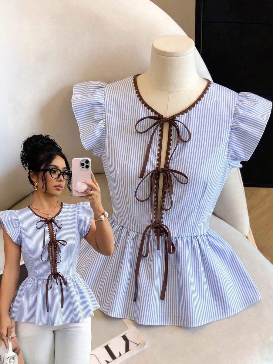 SHEIN Clasi Women's Elegant Sexy White Shell Embroidery Bow-Tie Design Cap Sleeve Fitted Blouse, Spring/Summer Golf - Blue - View 1