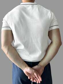 DAZY Men's Summer Half-Zip Solid Color White/Black Decorative Trim Knit Top - White - View 2