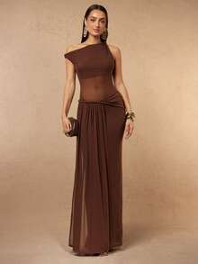 Silquee This Elegant Brown Maxi Dress Features A One-Shoulder Design And Is Adorned With Pleated Mesh Panels, Making It Suitable For Various Occasions. Women' - Coffee - View 9