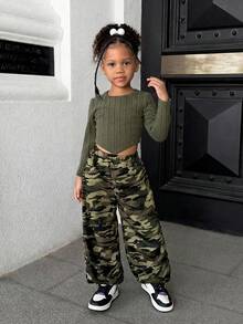 SHEIN Young Girl Sporty Casual Knit Long Sleeve Top And Camo Print Long Pants 2Pcs Set - Multicolor - View 3