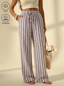 SHEIN Tall 女款休閒條紋直筒長褲，適合度假穿著 - 彩色 - 查看 3