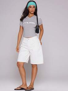 MUSERA Grey Jersey Graphic Printed V Neck Fitted Top - Black and White - View 5