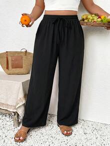 SHEIN Frenchy Pantalones rectos básicos de gasa texturizada de talla grande - Multicolor - Ver 6