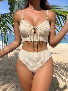 Swim Vcay Fashionable Textured Fabric Beach Holiday Style Drawstring Tie Women's Summer Swimsuit Set 2 Pieces - Apricot - View 4