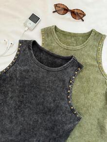 Comfortcana Plus Size Women's Round Neck Stud Decor Casual Smart Casual Versatile Everyday Outing Top Holiday Grey Olive Green Summer - Multicolor - View 5