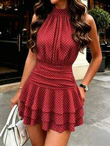 PariChic Vestido elegante y romántico de cuello halter, cintura ajustada, vestido corto con volantes plisados en albaricoque y blanco, nuevo vestido de primavera/verano, vestido para cita de - Burdeos - Ver 6