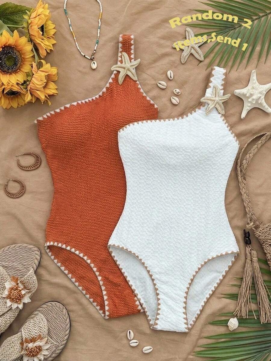 SHEIN Teen Girl Textured Metallic Starfish Decor Shell Embroidery One-Piece One-Shoulder Jumpsuit - Rust Brown - View 1