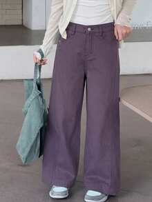 Dazy Kids Tween Girls' Casual Everyday Commute Loose Fit Solid Color Wide Leg Jeans - Purple - View 2