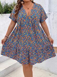 SHEIN CURVE+ Plus Size Women's Summer Leisure Vacation Short Style Baby Blue Ditsy Floral Back To School Teacher Work Vacation Clothes Women's Dress Boho Vacation - Multicolor - View 4