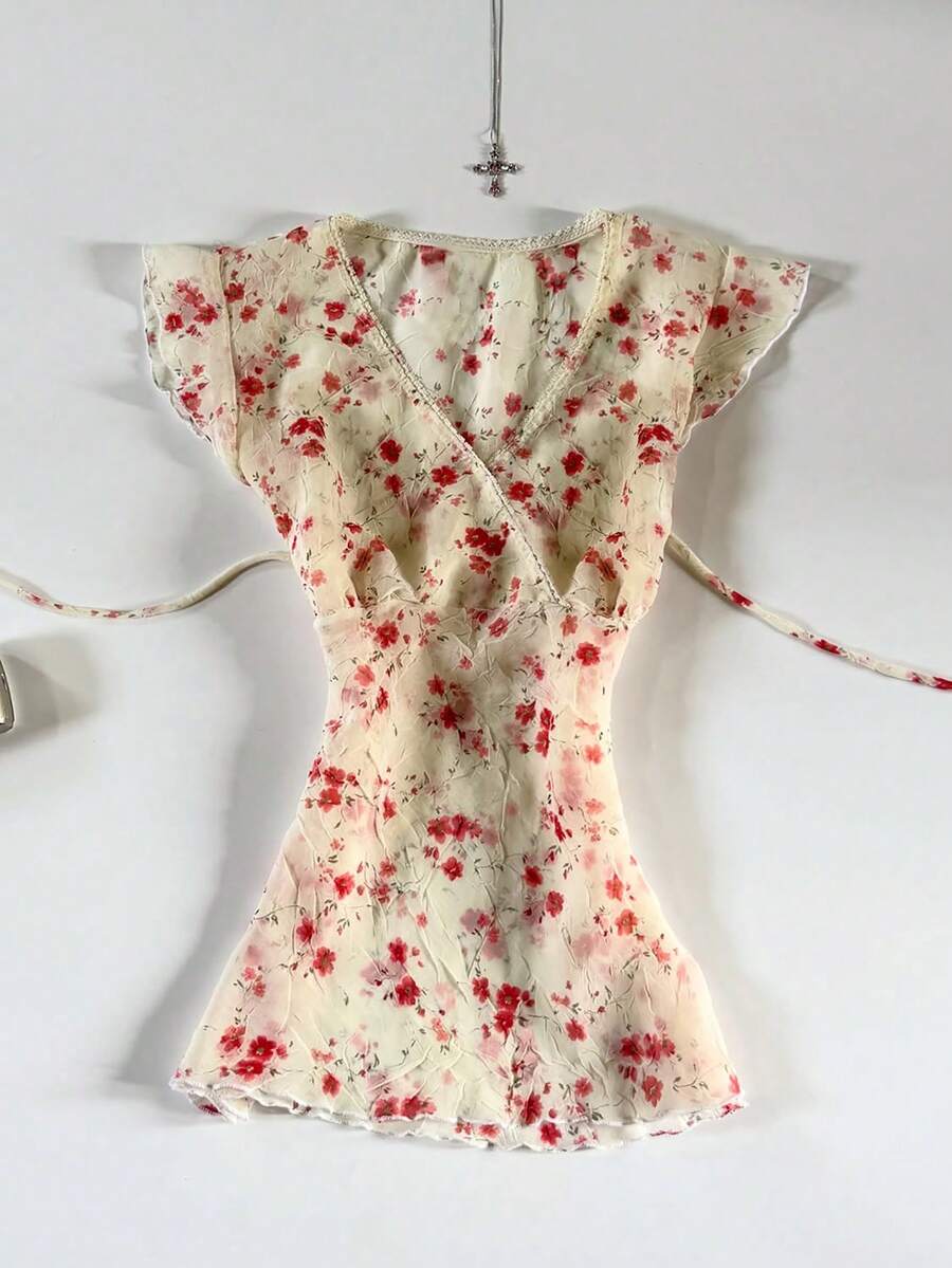 IslaSuriya Blusa de gasa transparente con cuello en V, manga corta, cintura ajustada, parches de encaje y estampado floral vintage para mujer - Amarillo claro - Ver 1